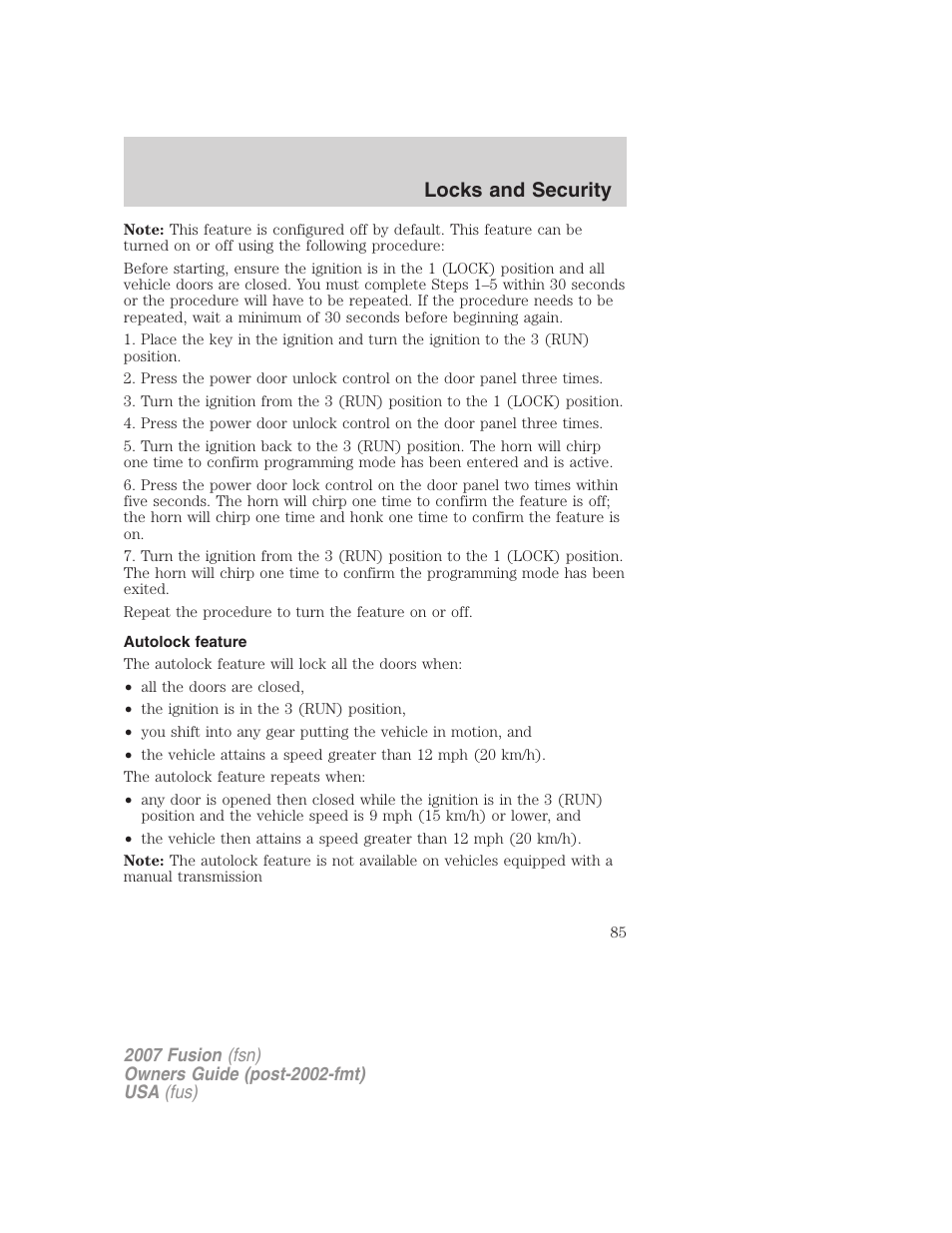 Autolock feature, Locks and security | FORD 2007 Fusion v.2 User Manual | Page 85 / 280