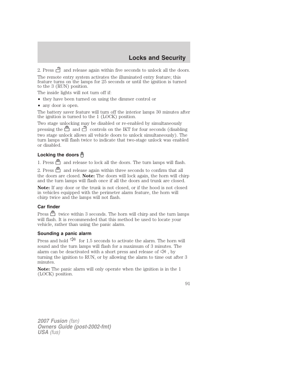 Locking the doors, Car finder, Sounding a panic alarm | Locks and security | FORD 2007 Fusion v.2 User Manual | Page 91 / 280