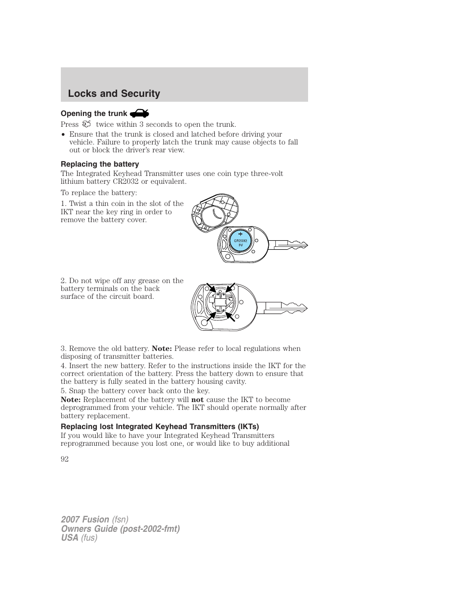 Opening the trunk, Replacing the battery, Locks and security | FORD 2007 Fusion v.2 User Manual | Page 92 / 280