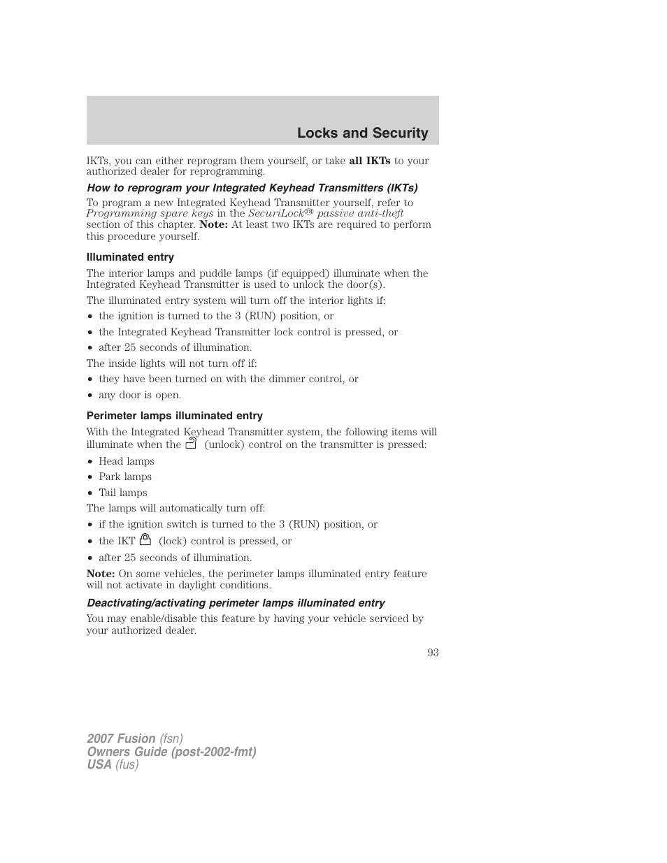 Illuminated entry, Perimeter lamps illuminated entry, Locks and security | FORD 2007 Fusion v.2 User Manual | Page 93 / 280