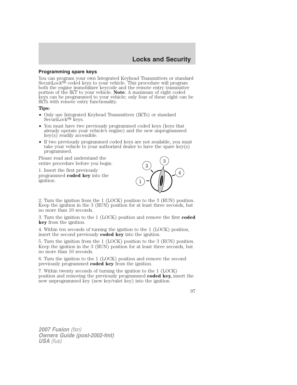 Programming spare keys, Locks and security | FORD 2007 Fusion v.2 User Manual | Page 97 / 280