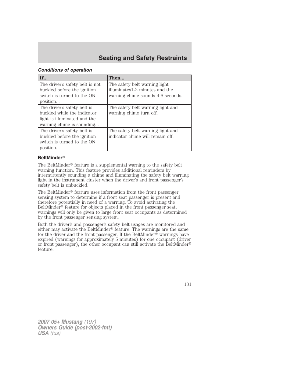 Conditions of operation, Beltminder, Seating and safety restraints | FORD 2007 Mustang User Manual | Page 101 / 256