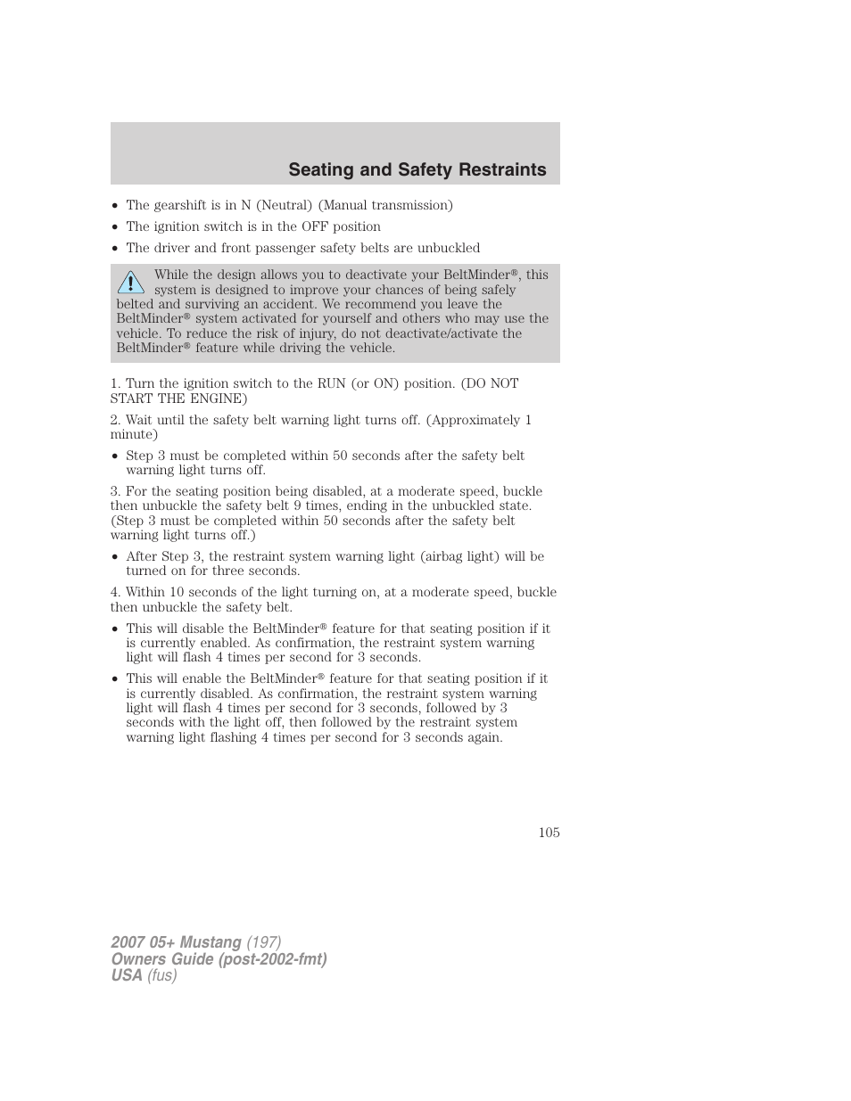 Seating and safety restraints | FORD 2007 Mustang User Manual | Page 105 / 256