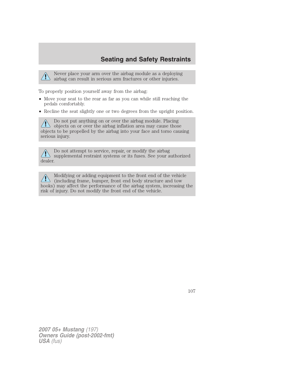 Seating and safety restraints | FORD 2007 Mustang User Manual | Page 107 / 256