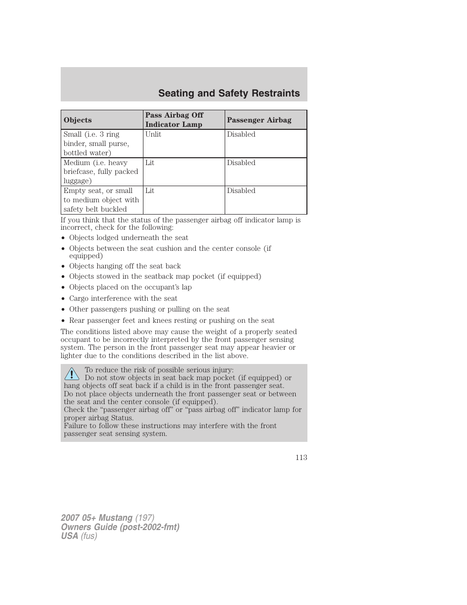 Seating and safety restraints | FORD 2007 Mustang User Manual | Page 113 / 256