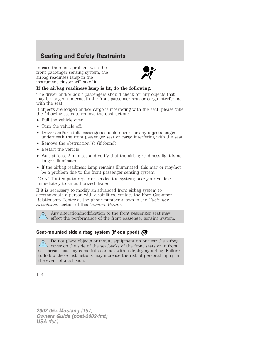 Seat-mounted side airbag system (if equipped), Seating and safety restraints | FORD 2007 Mustang User Manual | Page 114 / 256