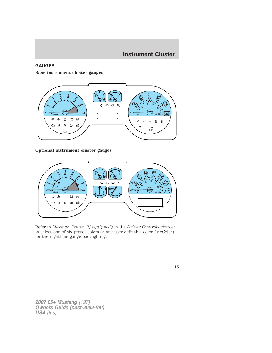 Gauges, Instrument cluster | FORD 2007 Mustang User Manual | Page 15 / 256