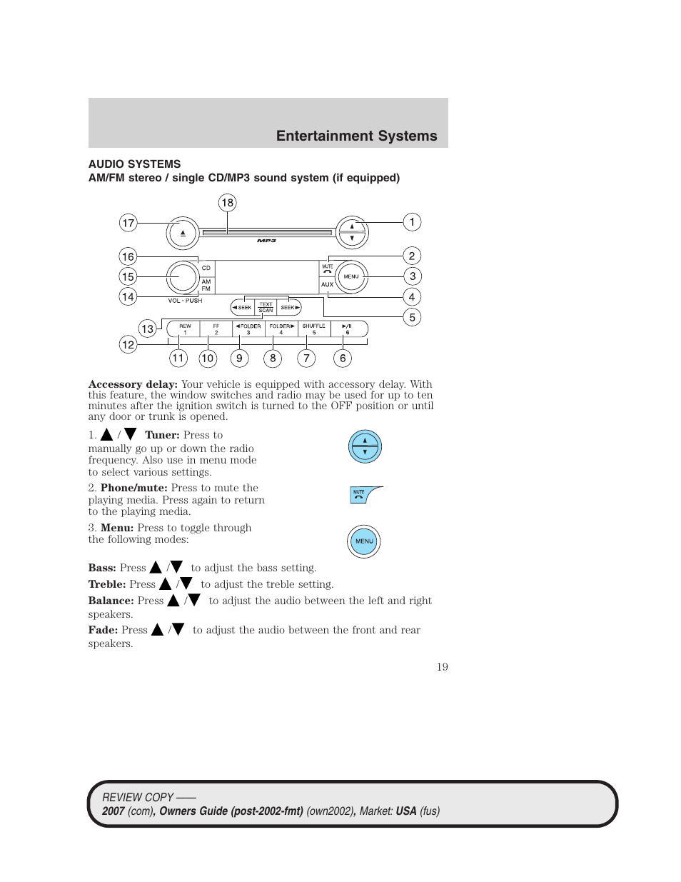 Entertainment systems, Audio systems, Am/fm stereo with cd | FORD 2007 Mustang User Manual | Page 19 / 256