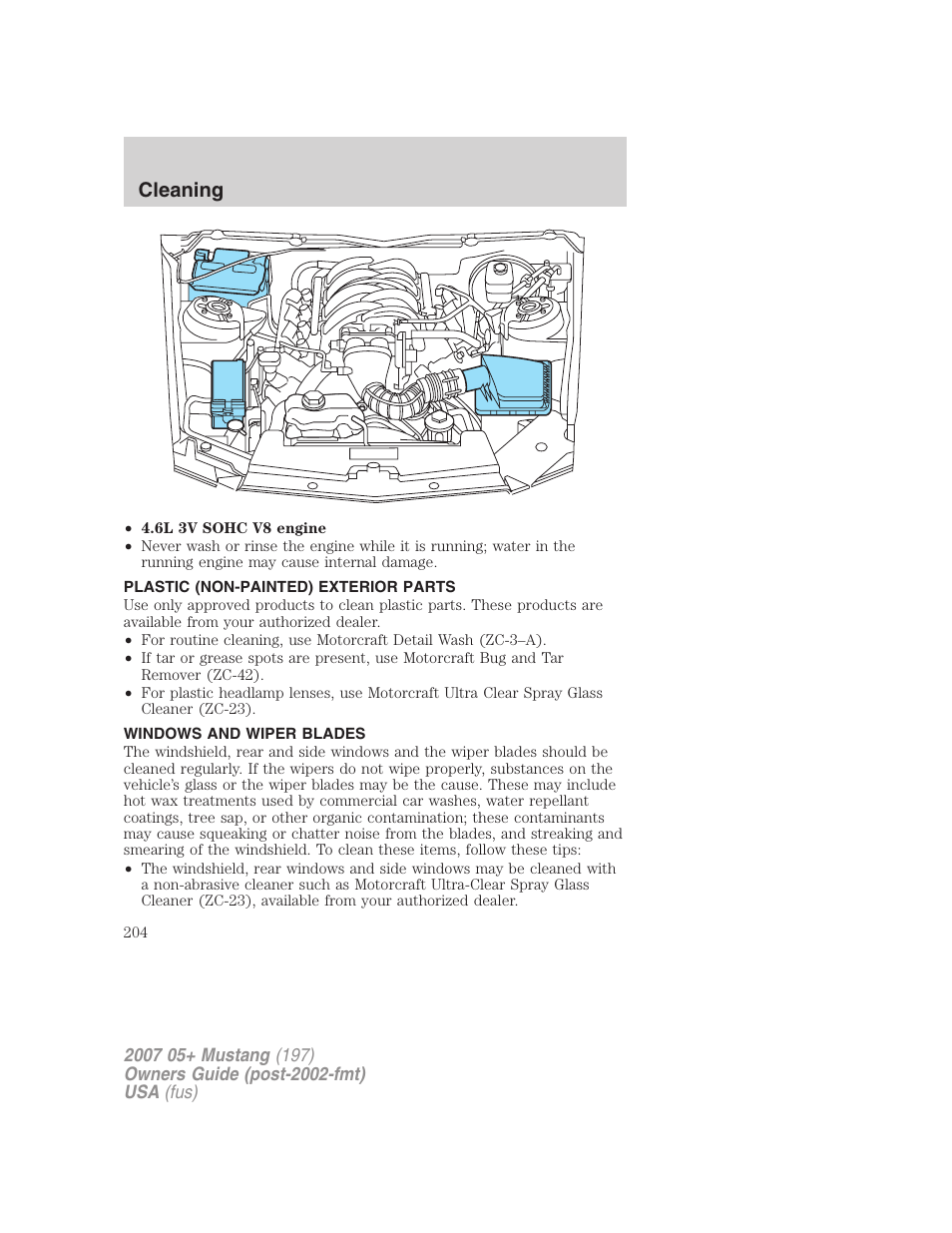 Plastic (non-painted) exterior parts, Windows and wiper blades, Cleaning | FORD 2007 Mustang User Manual | Page 204 / 256