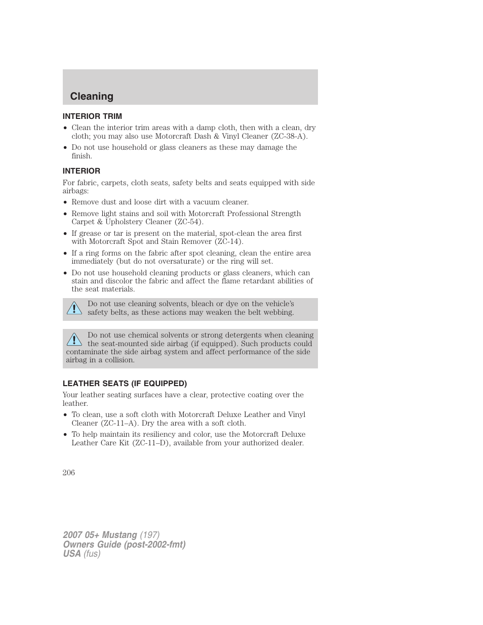Interior trim, Interior, Leather seats (if equipped) | Cleaning | FORD 2007 Mustang User Manual | Page 206 / 256