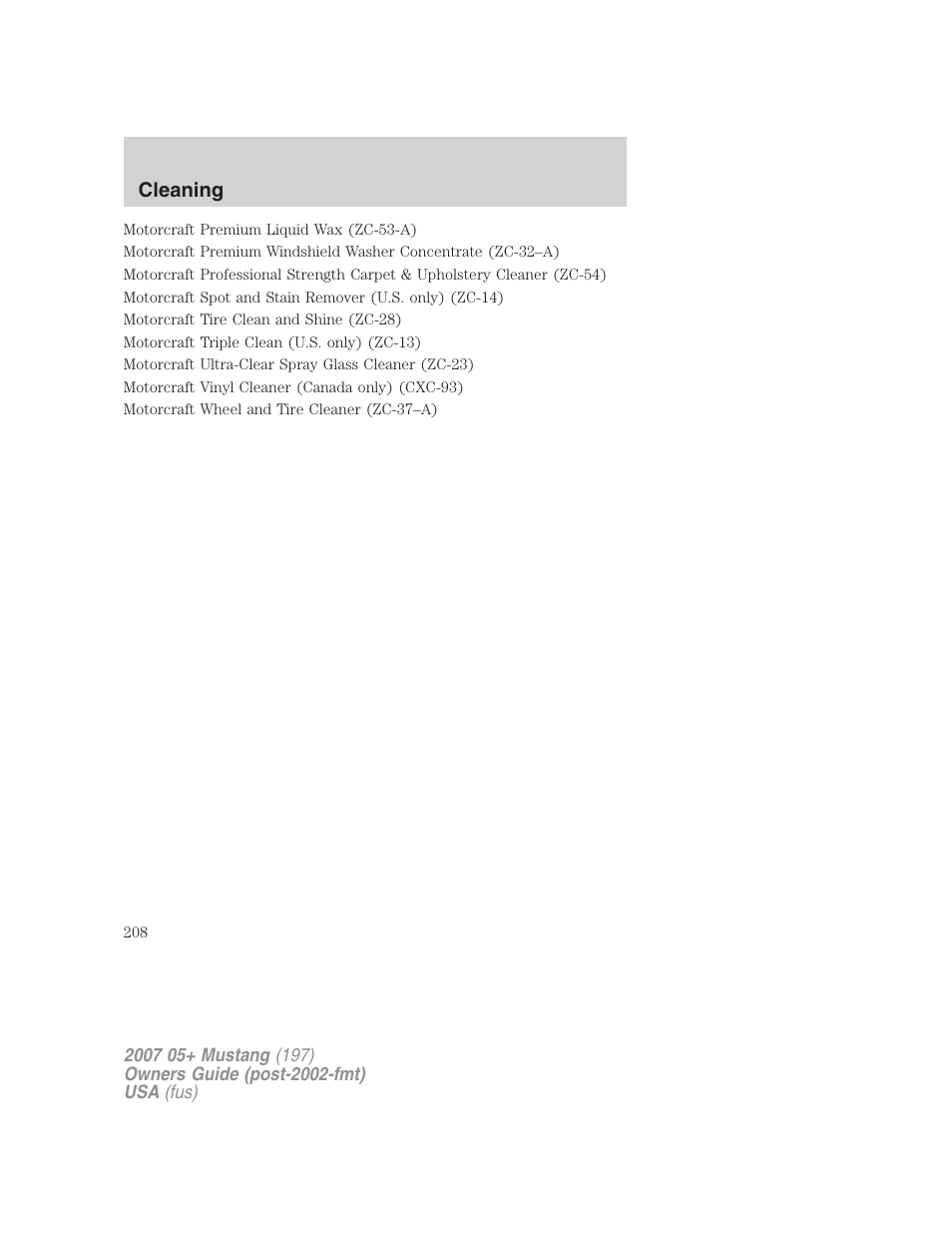 Cleaning | FORD 2007 Mustang User Manual | Page 208 / 256