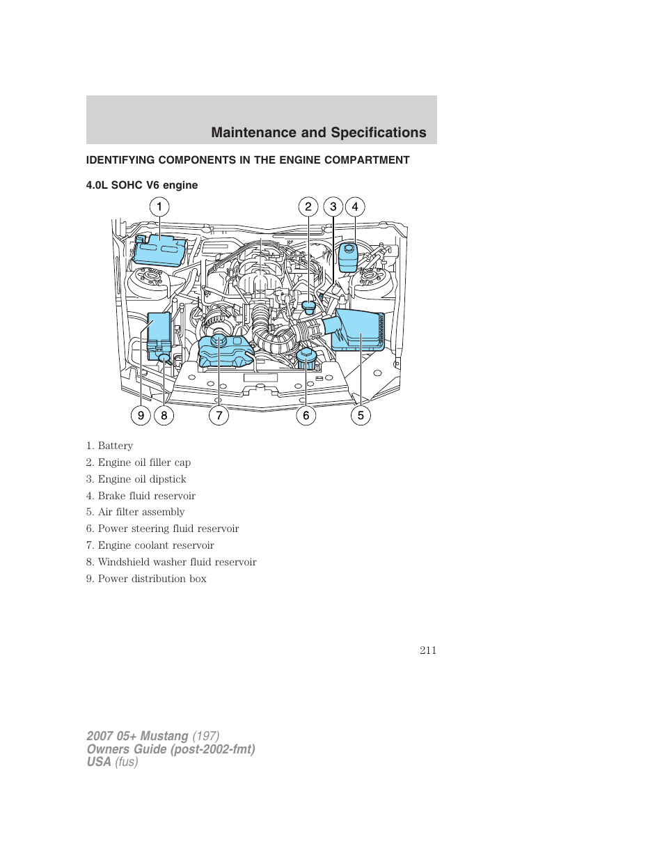 Identifying components in the engine compartment, 0l sohc v6 engine, Engine compartment | Maintenance and specifications | FORD 2007 Mustang User Manual | Page 211 / 256