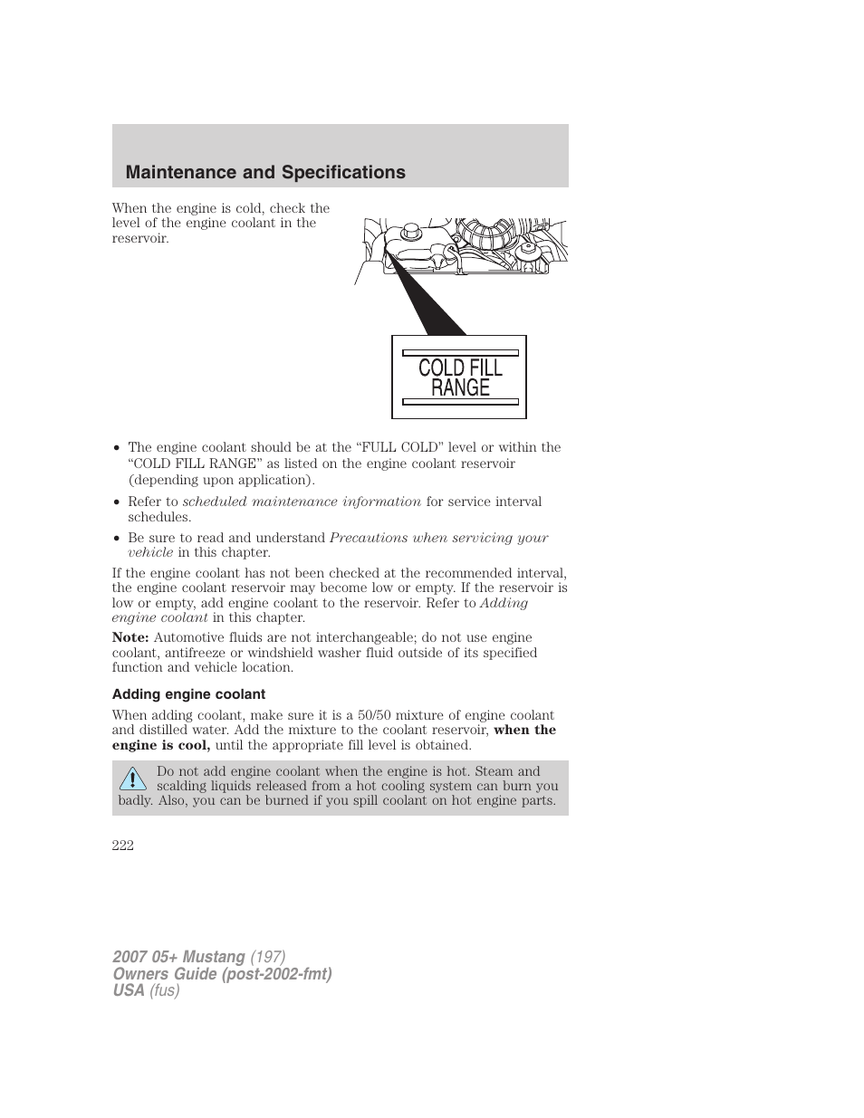Adding engine coolant, Maintenance and specifications | FORD 2007 Mustang User Manual | Page 222 / 256