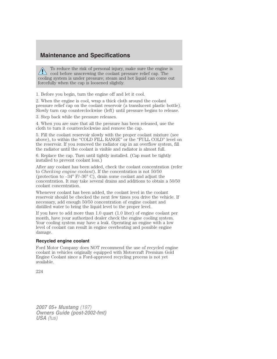 Recycled engine coolant, Maintenance and specifications | FORD 2007 Mustang User Manual | Page 224 / 256