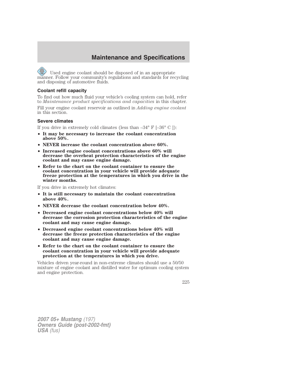 Coolant refill capacity, Severe climates, Maintenance and specifications | FORD 2007 Mustang User Manual | Page 225 / 256