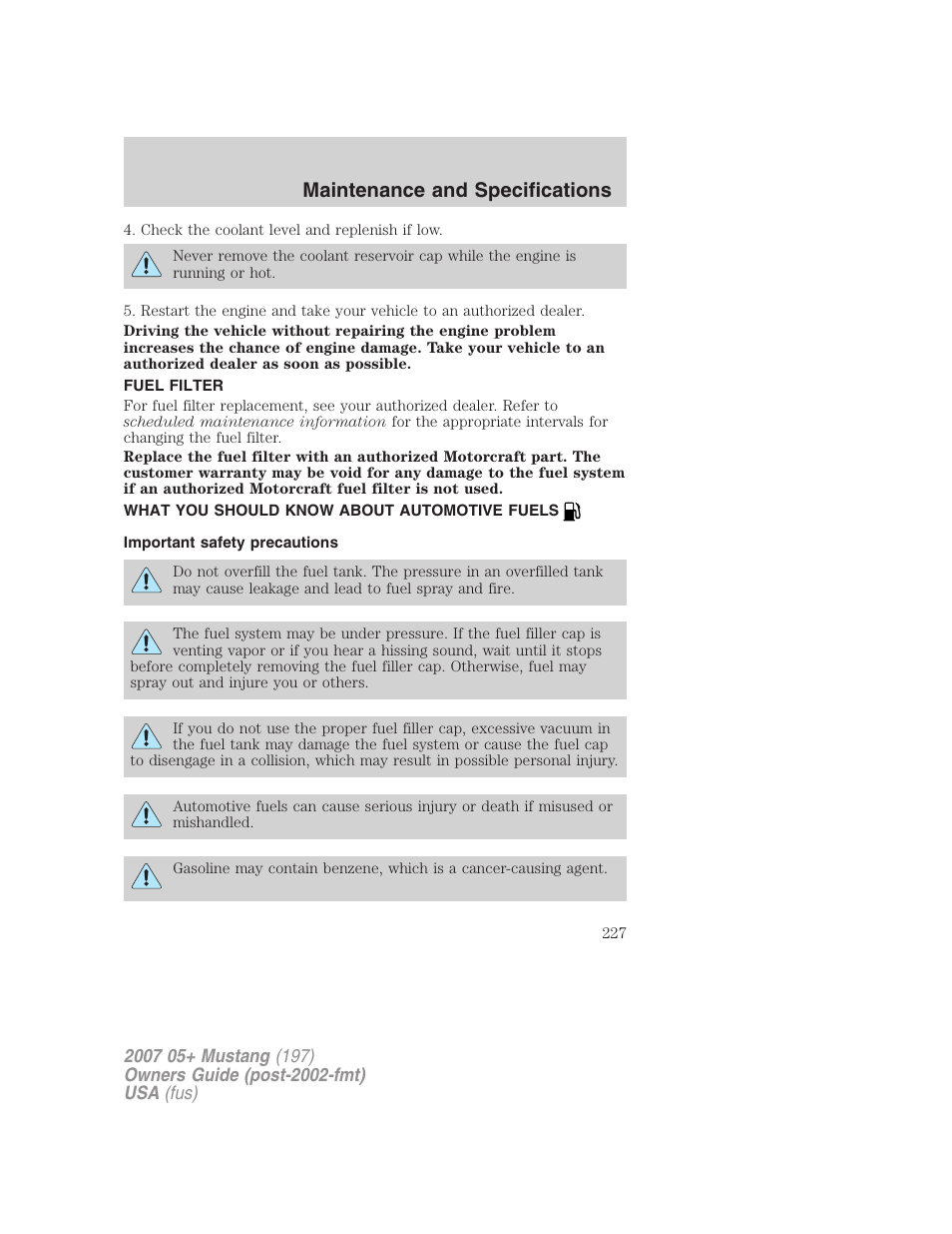 Fuel filter, What you should know about automotive fuels, Important safety precautions | Fuel information, Maintenance and specifications | FORD 2007 Mustang User Manual | Page 227 / 256