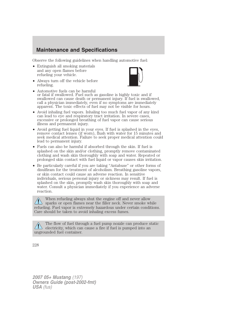 Maintenance and specifications | FORD 2007 Mustang User Manual | Page 228 / 256