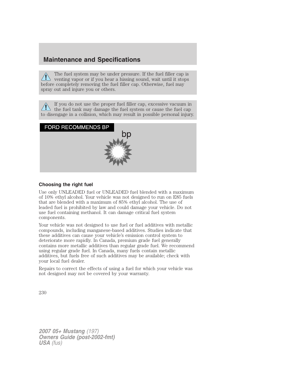 Choosing the right fuel, Maintenance and specifications | FORD 2007 Mustang User Manual | Page 230 / 256
