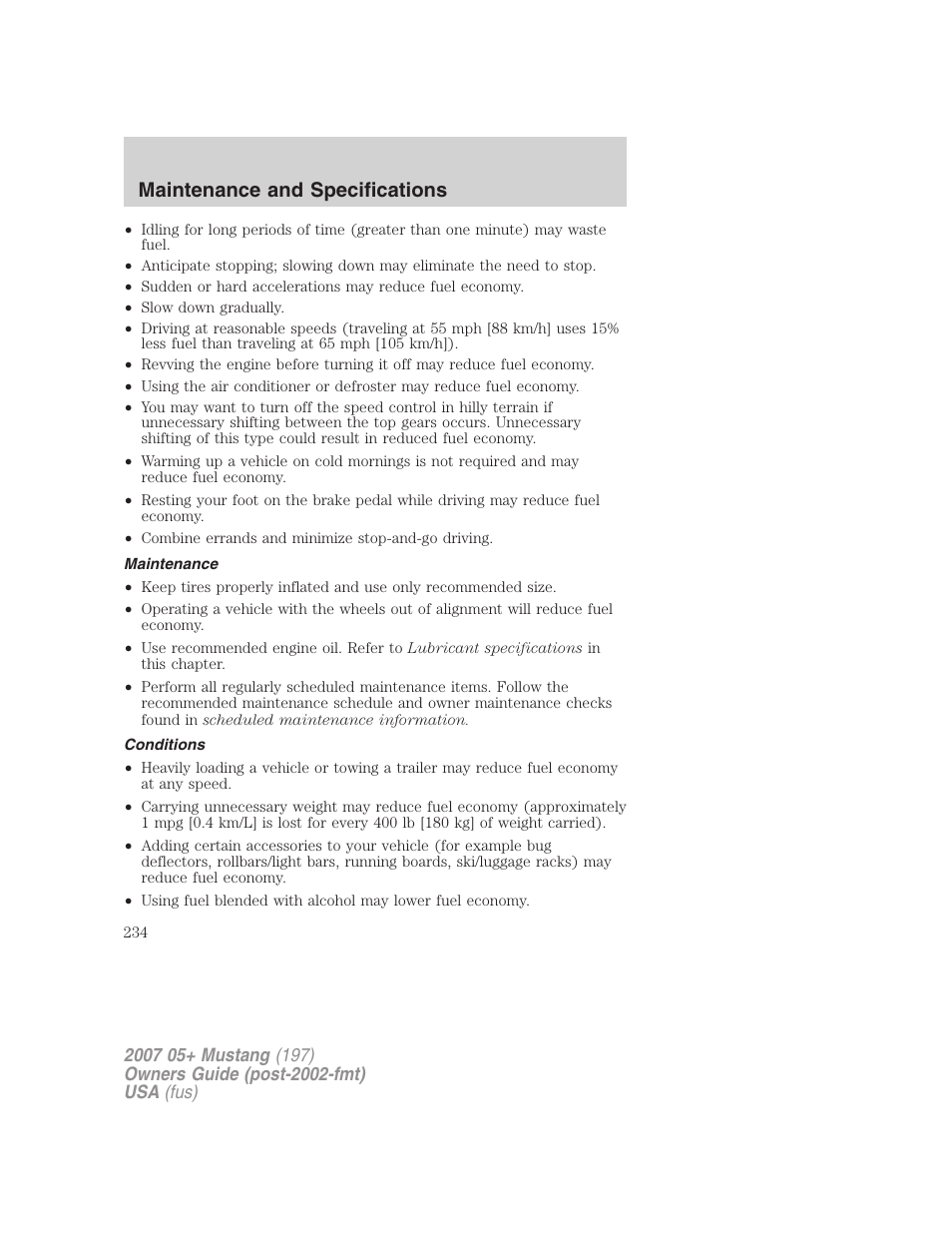 Maintenance, Conditions, Maintenance and specifications | FORD 2007 Mustang User Manual | Page 234 / 256