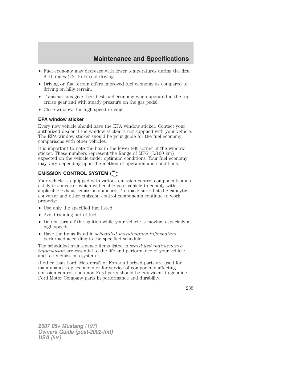 Epa window sticker, Emission control system, Maintenance and specifications | FORD 2007 Mustang User Manual | Page 235 / 256
