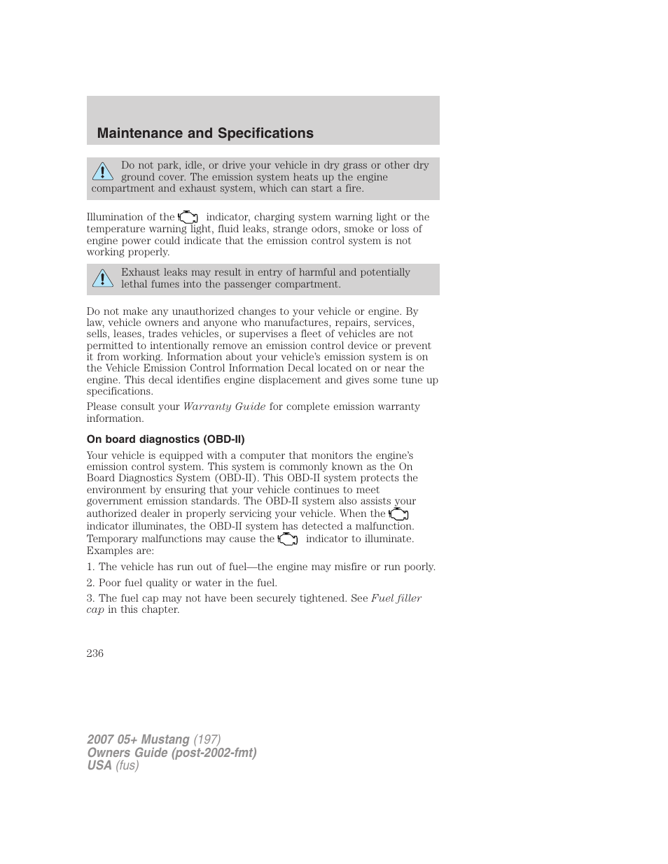 On board diagnostics (obd-ii), Maintenance and specifications | FORD 2007 Mustang User Manual | Page 236 / 256