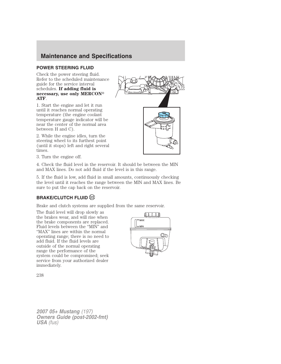 Power steering fluid, Brake/clutch fluid, Maintenance and specifications | FORD 2007 Mustang User Manual | Page 238 / 256