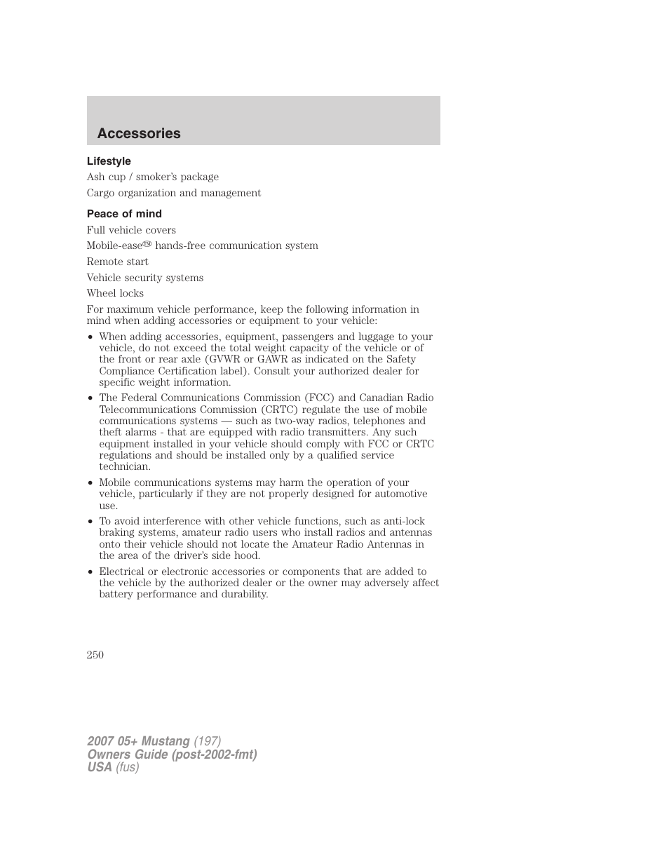 Lifestyle, Peace of mind, Accessories | FORD 2007 Mustang User Manual | Page 250 / 256
