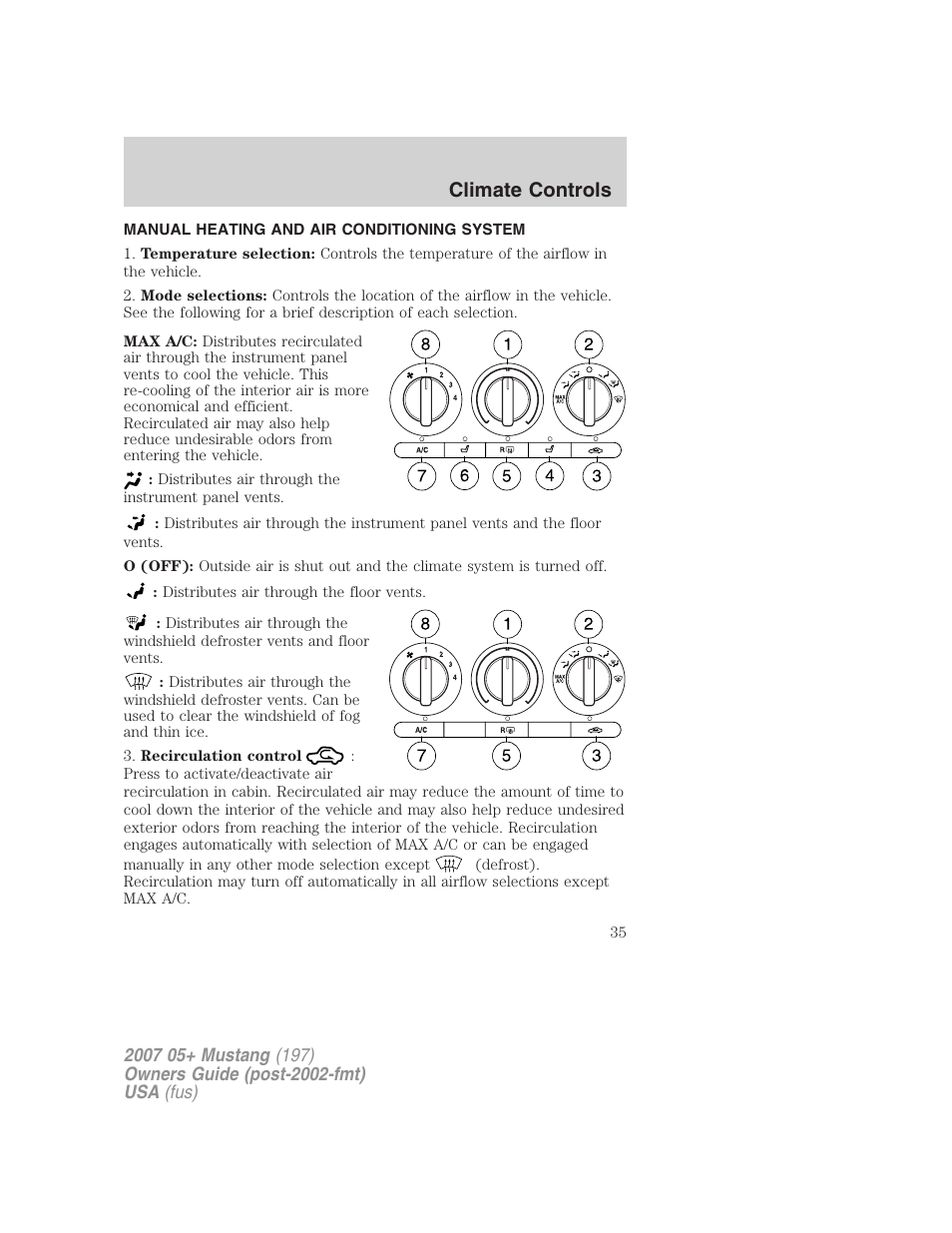 Climate controls, Manual heating and air conditioning system, Manual heating and air conditioning | FORD 2007 Mustang User Manual | Page 35 / 256