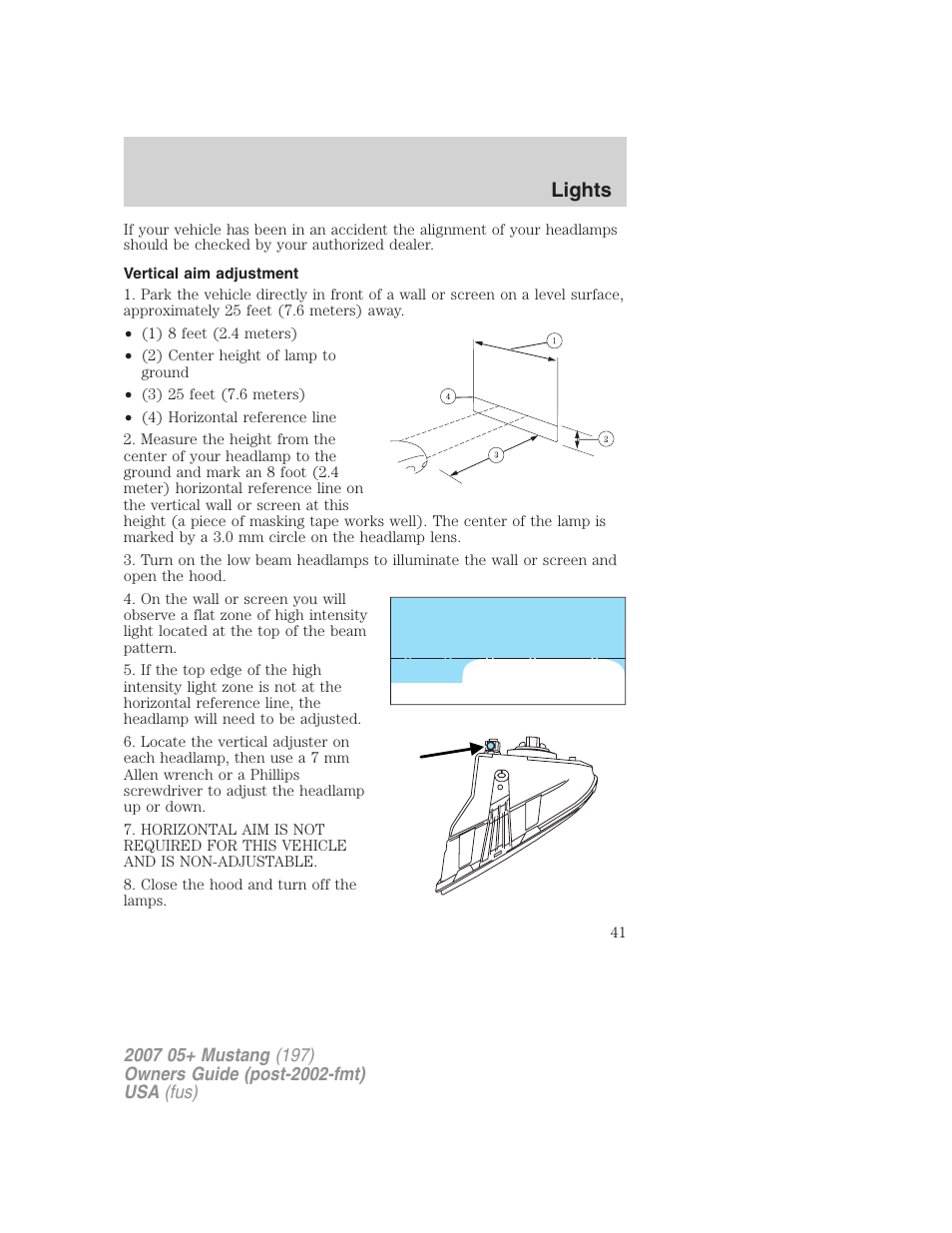 Vertical aim adjustment, Lights | FORD 2007 Mustang User Manual | Page 41 / 256