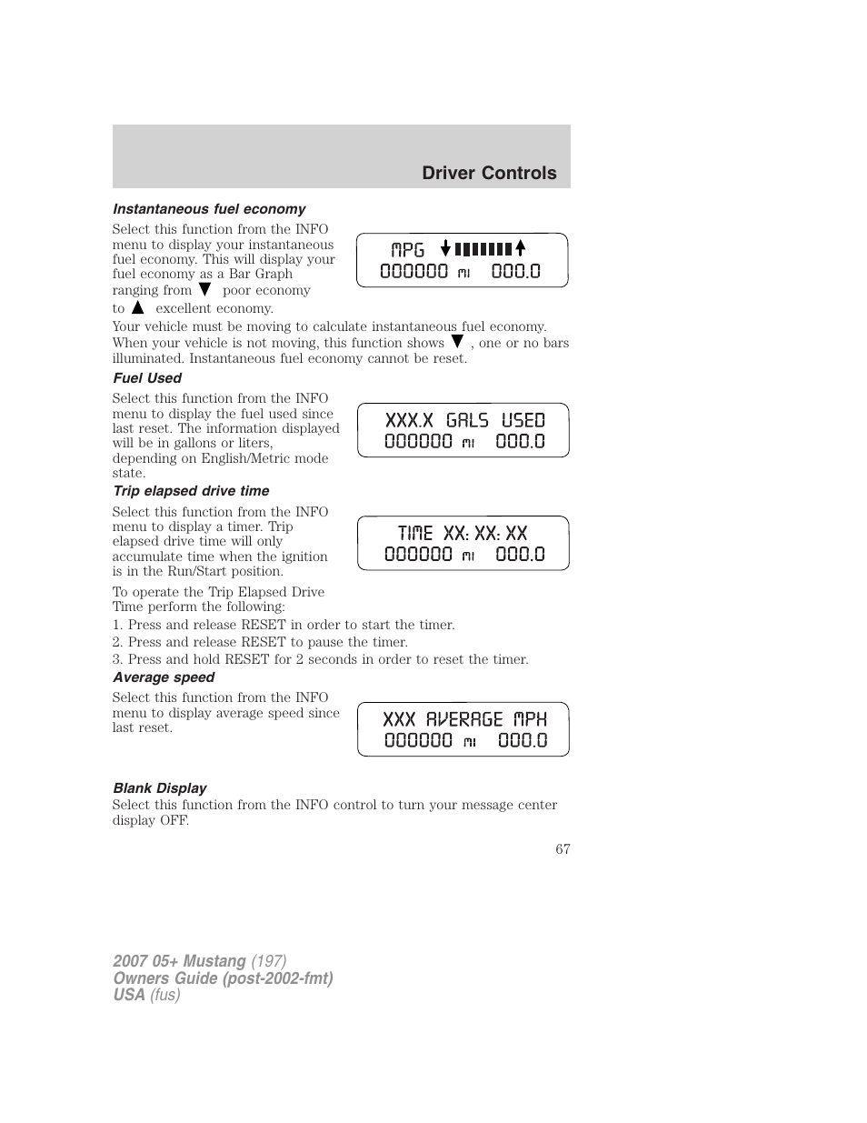 Instantaneous fuel economy, Fuel used, Trip elapsed drive time | Average speed, Blank display, Driver controls | FORD 2007 Mustang User Manual | Page 67 / 256