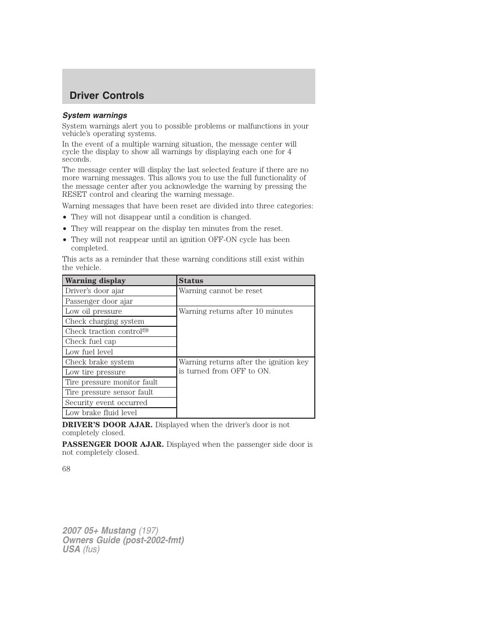 System warnings, Driver controls | FORD 2007 Mustang User Manual | Page 68 / 256