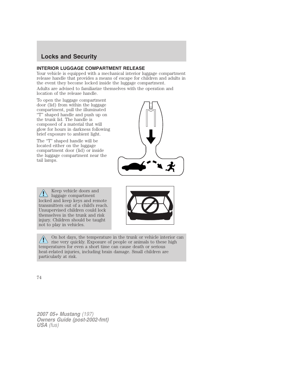 Interior luggage compartment release, Locks and security | FORD 2007 Mustang User Manual | Page 74 / 256