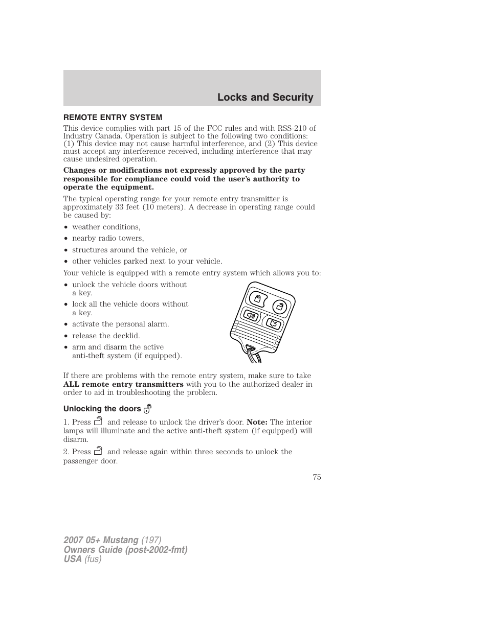 Remote entry system, Unlocking the doors, Locks and security | FORD 2007 Mustang User Manual | Page 75 / 256