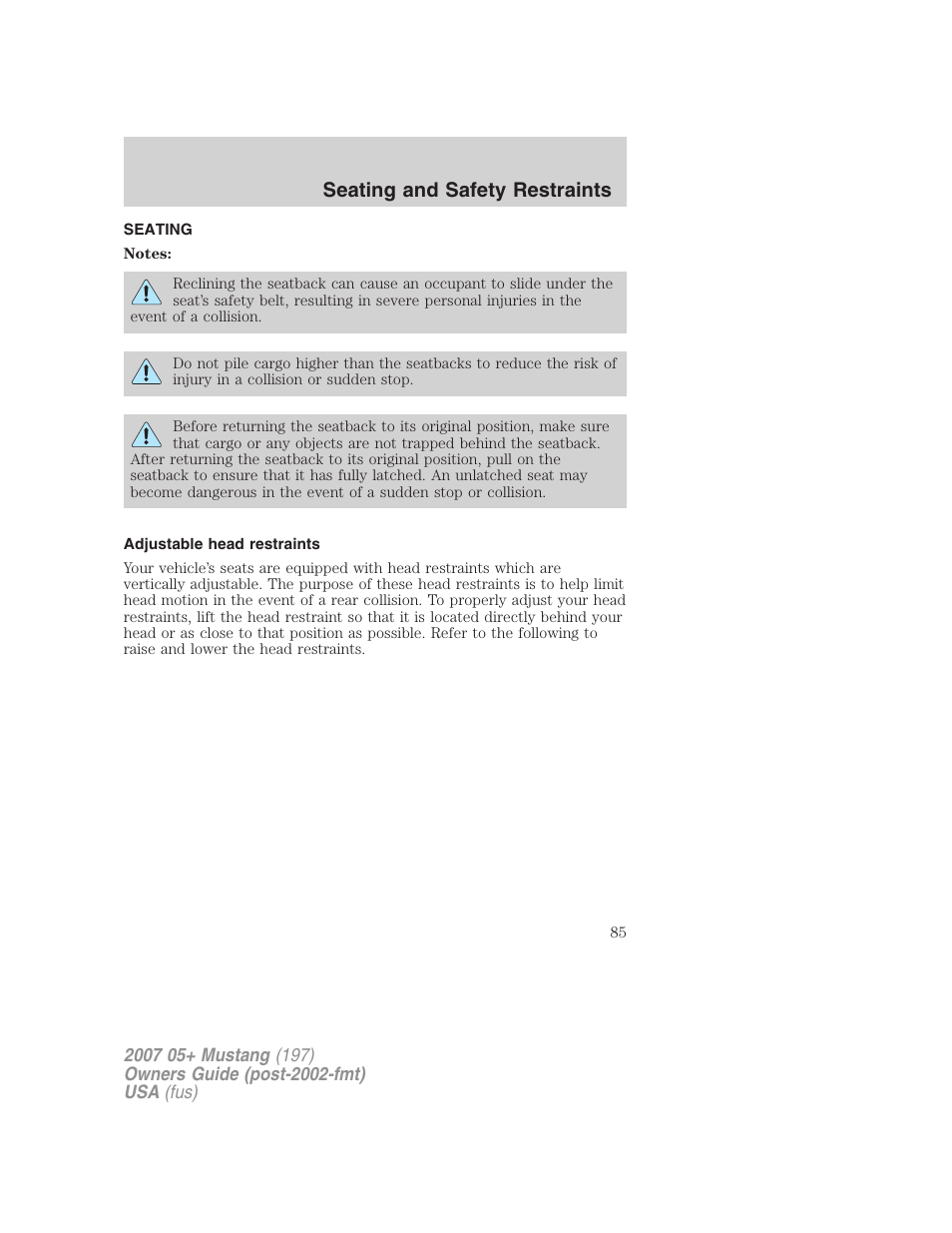 Seating and safety restraints, Seating, Adjustable head restraints | FORD 2007 Mustang User Manual | Page 85 / 256