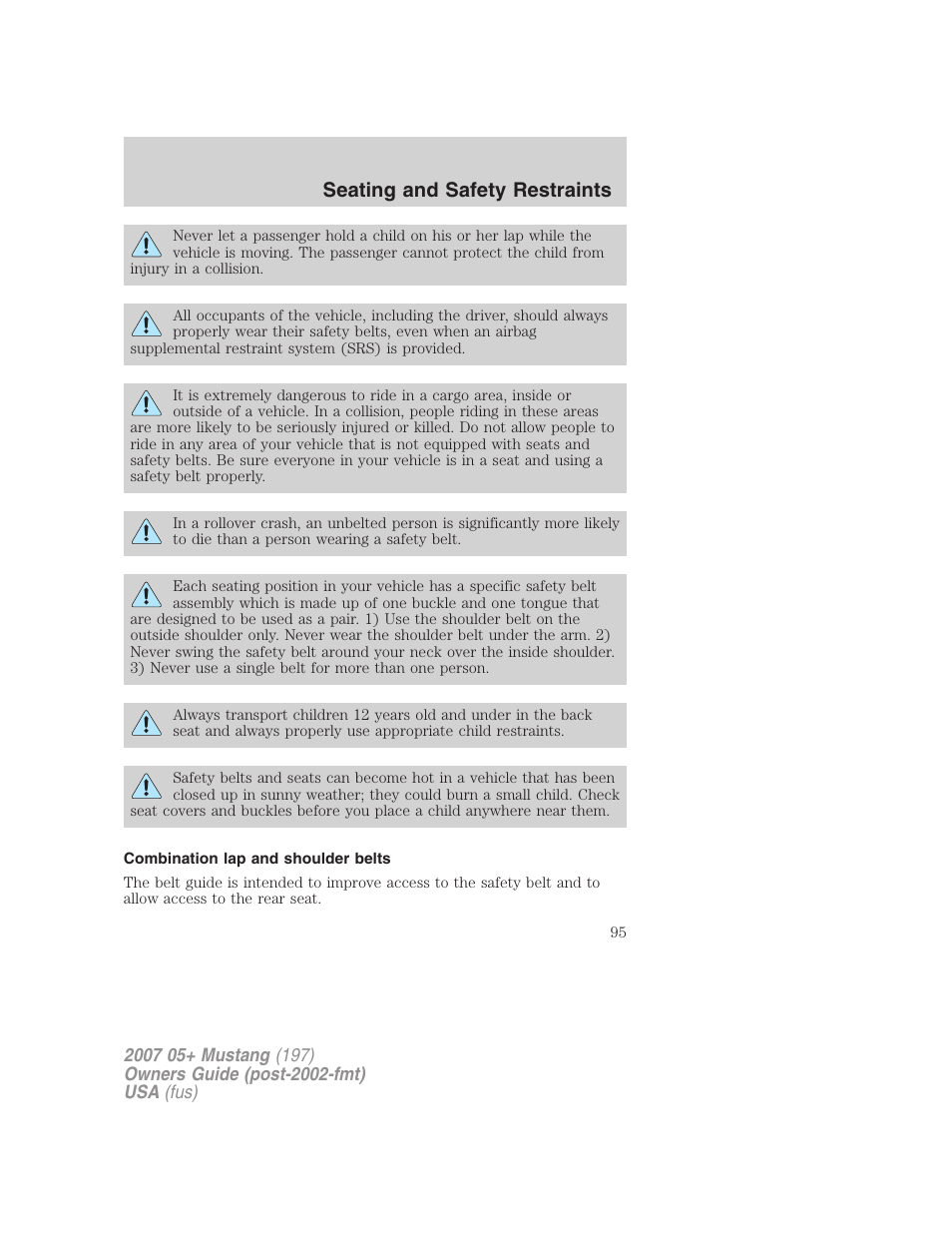 Combination lap and shoulder belts, Seating and safety restraints | FORD 2007 Mustang User Manual | Page 95 / 256