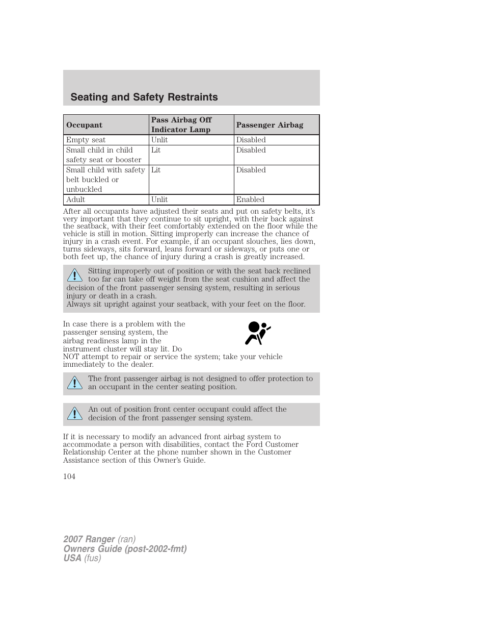 Seating and safety restraints | FORD 2007 Ranger v.1 User Manual | Page 104 / 280