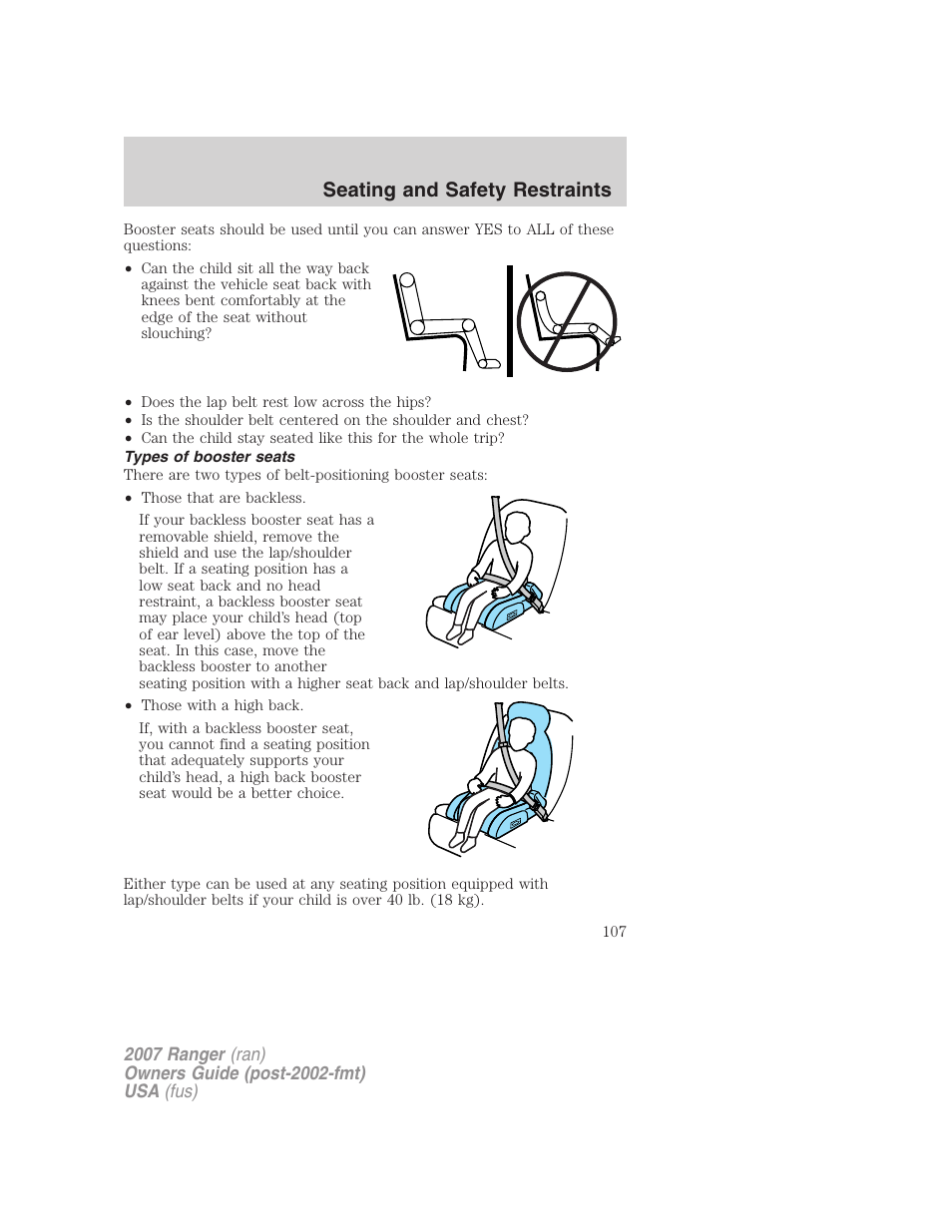 Types of booster seats, Seating and safety restraints | FORD 2007 Ranger v.1 User Manual | Page 107 / 280