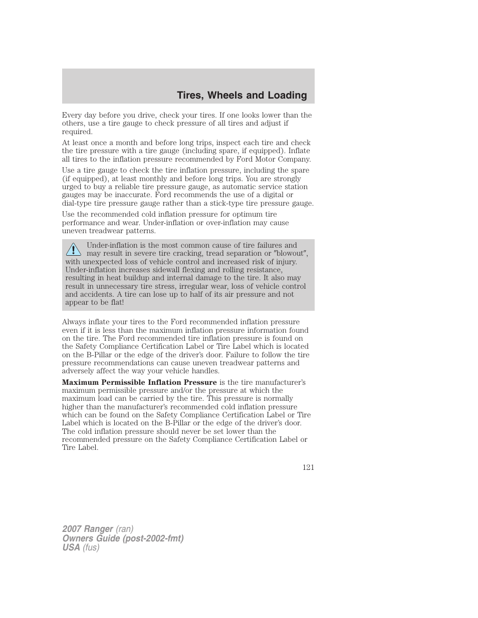 Tires, wheels and loading | FORD 2007 Ranger v.1 User Manual | Page 121 / 280