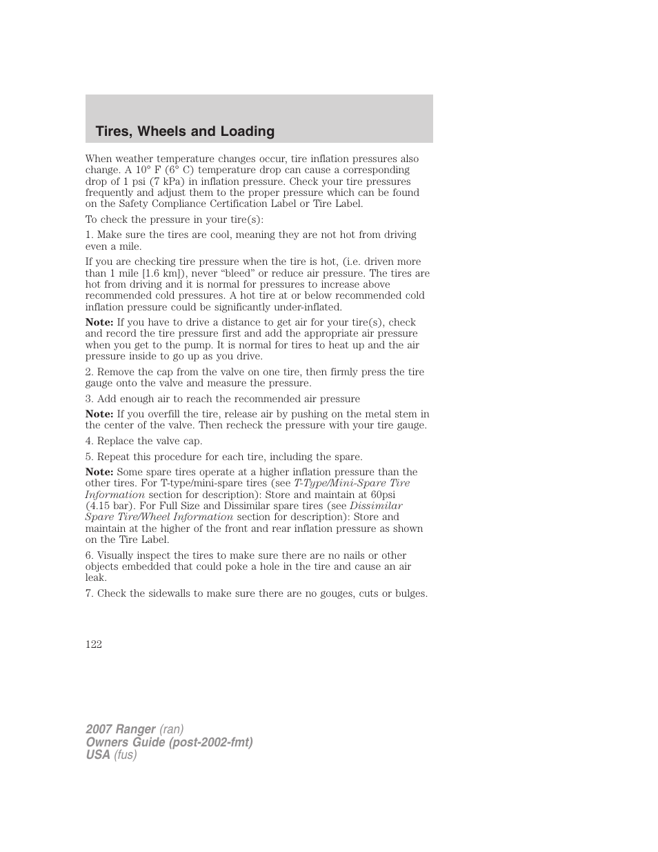 Tires, wheels and loading | FORD 2007 Ranger v.1 User Manual | Page 122 / 280