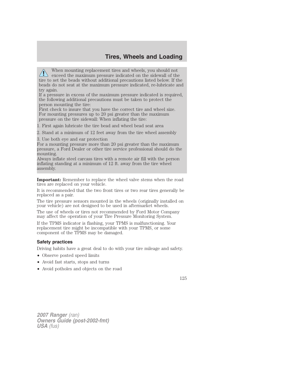 Safety practices, Tires, wheels and loading | FORD 2007 Ranger v.1 User Manual | Page 125 / 280