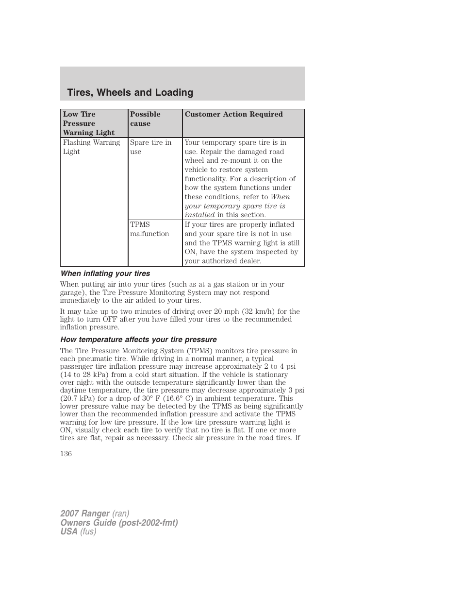 When inflating your tires, How temperature affects your tire pressure, Tires, wheels and loading | FORD 2007 Ranger v.1 User Manual | Page 136 / 280
