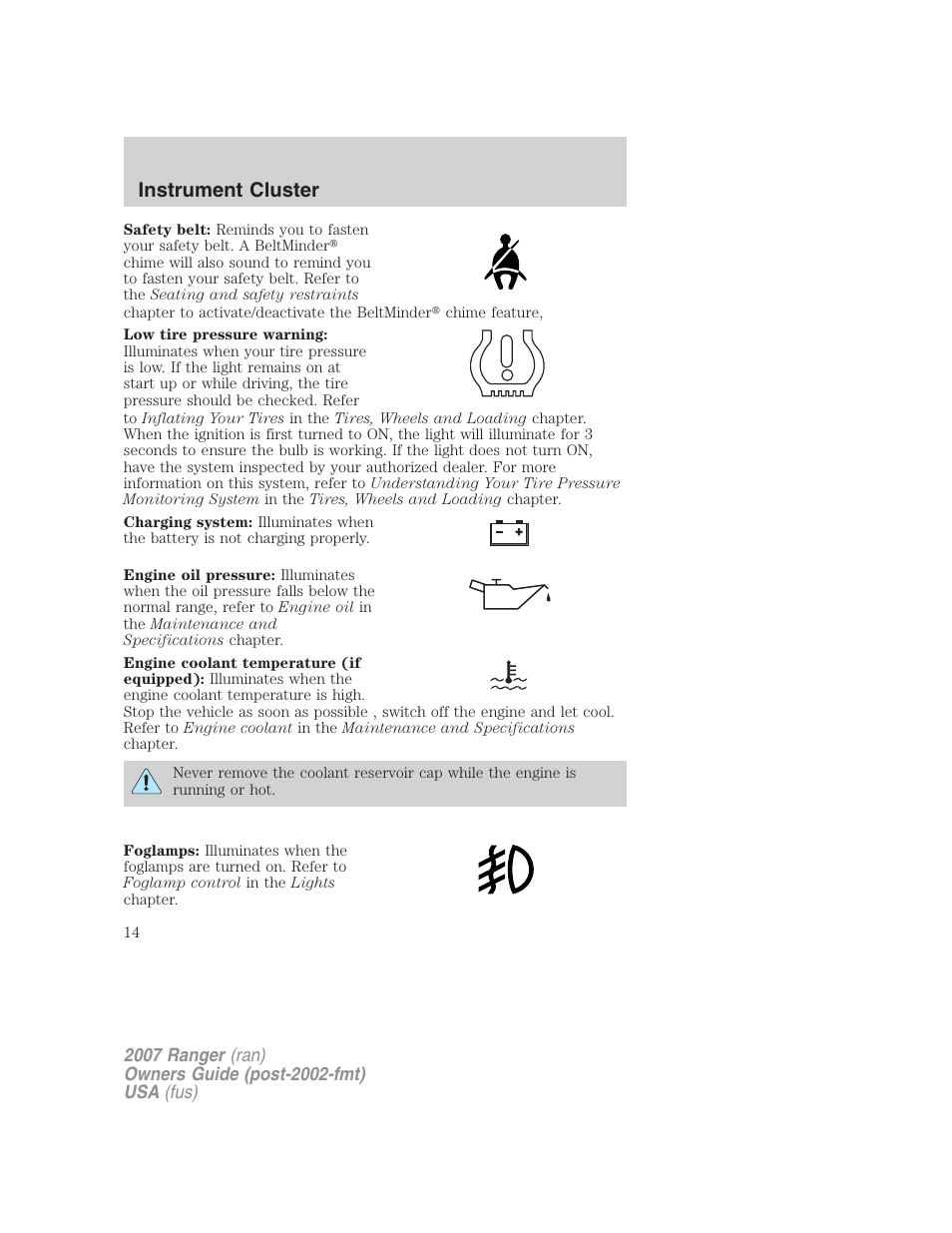 Instrument cluster | FORD 2007 Ranger v.1 User Manual | Page 14 / 280