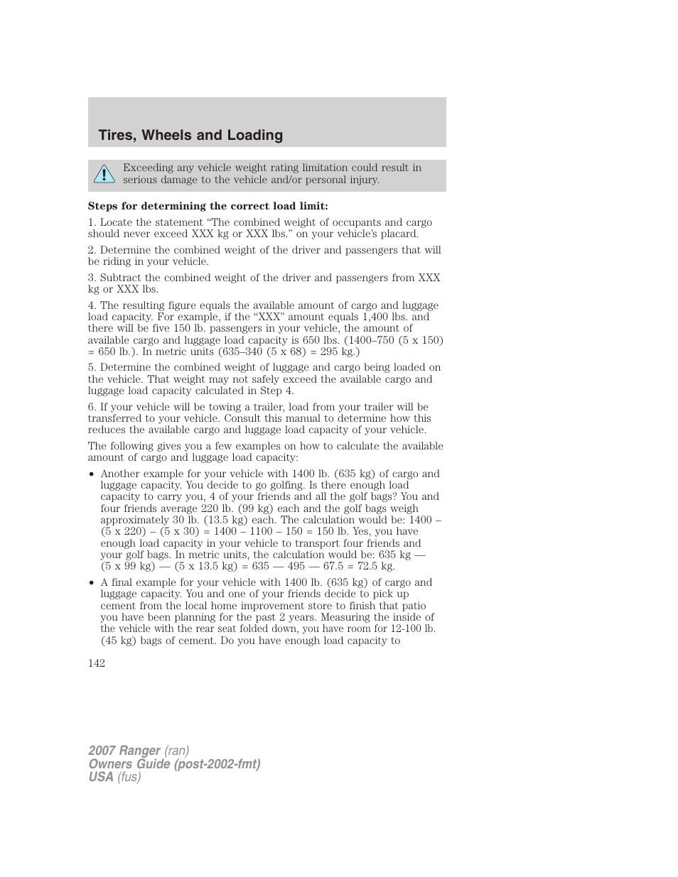 Tires, wheels and loading | FORD 2007 Ranger v.1 User Manual | Page 142 / 280