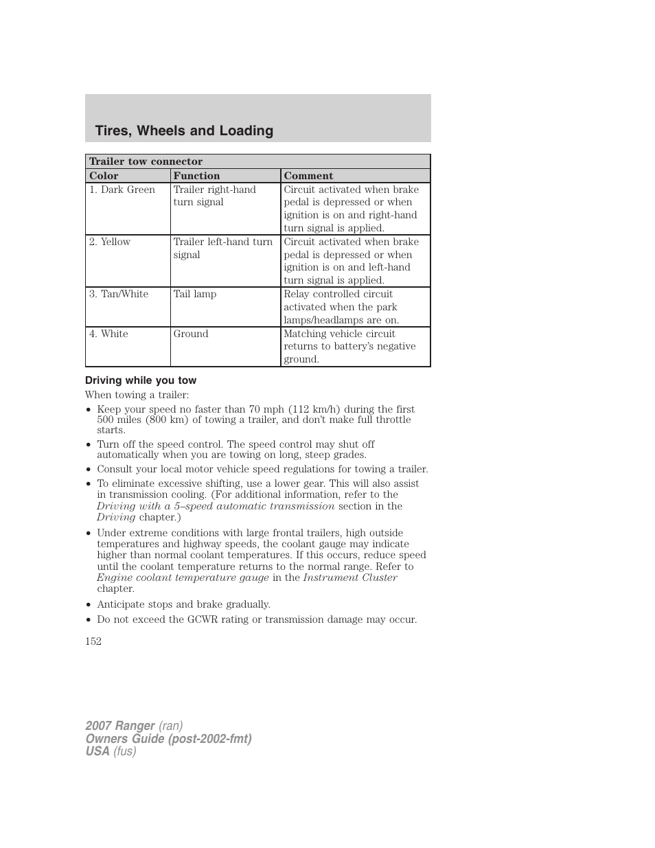 Driving while you tow, Tires, wheels and loading | FORD 2007 Ranger v.1 User Manual | Page 152 / 280