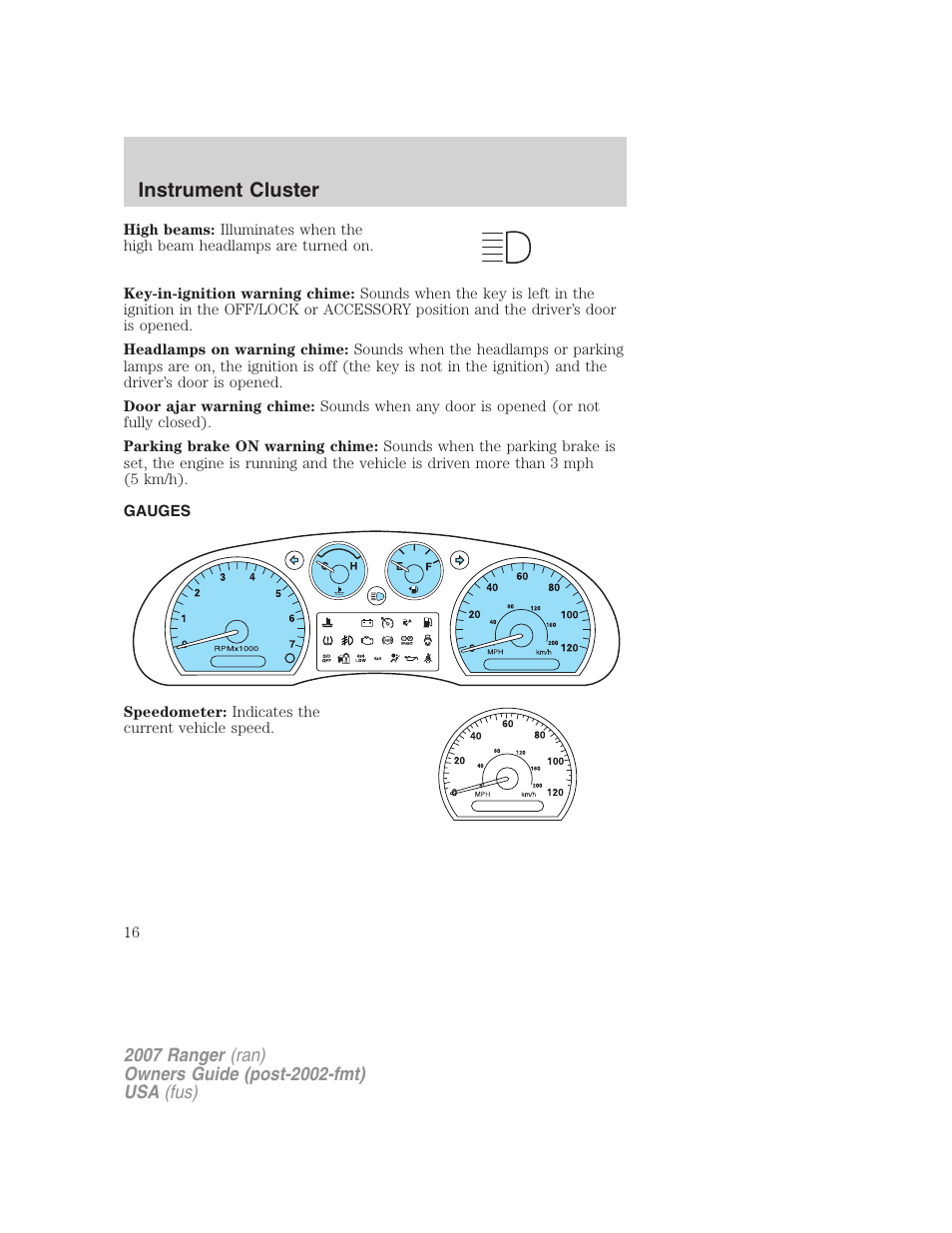 Gauges, Instrument cluster | FORD 2007 Ranger v.1 User Manual | Page 16 / 280