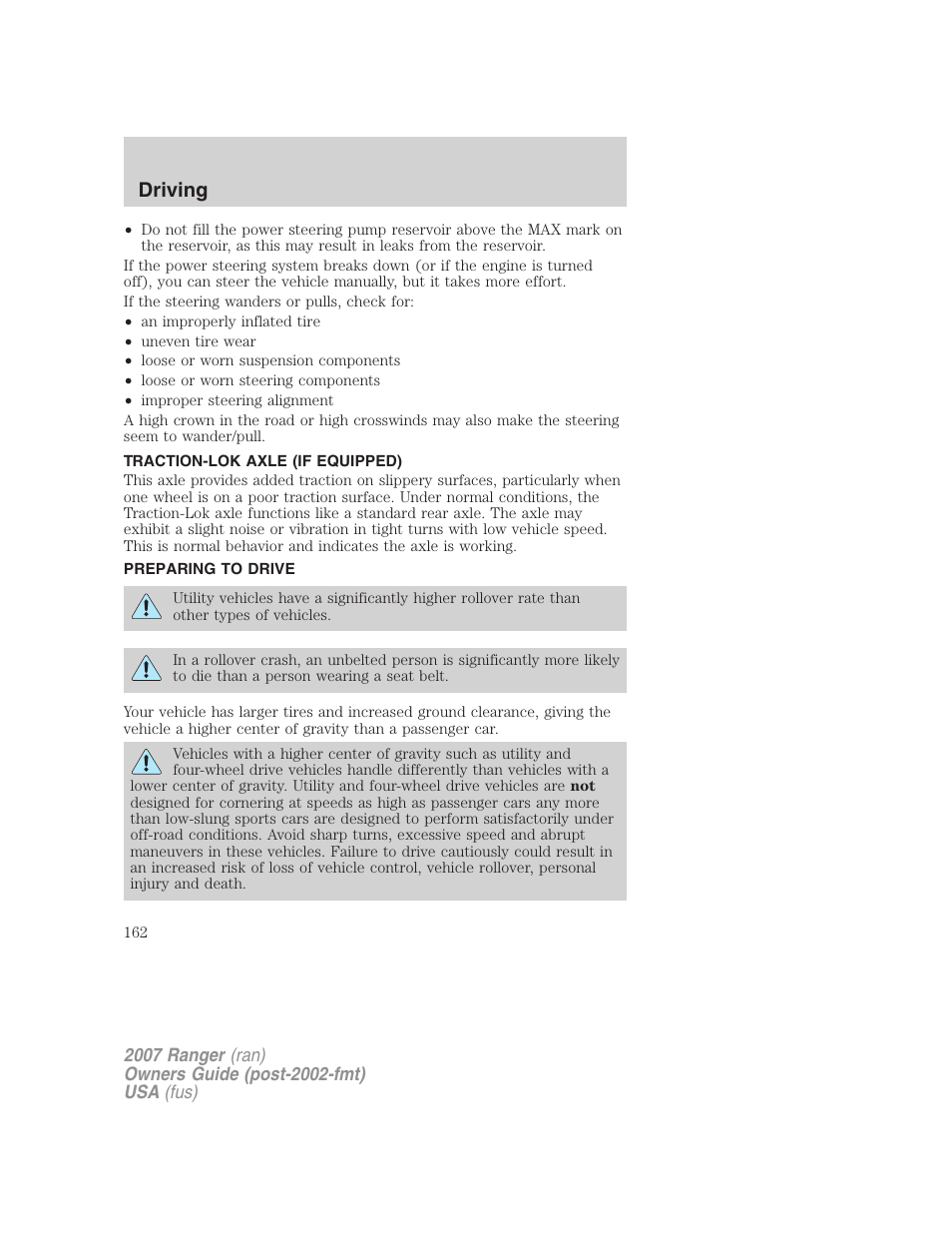 Traction-lok axle (if equipped), Preparing to drive, Driving | FORD 2007 Ranger v.1 User Manual | Page 162 / 280