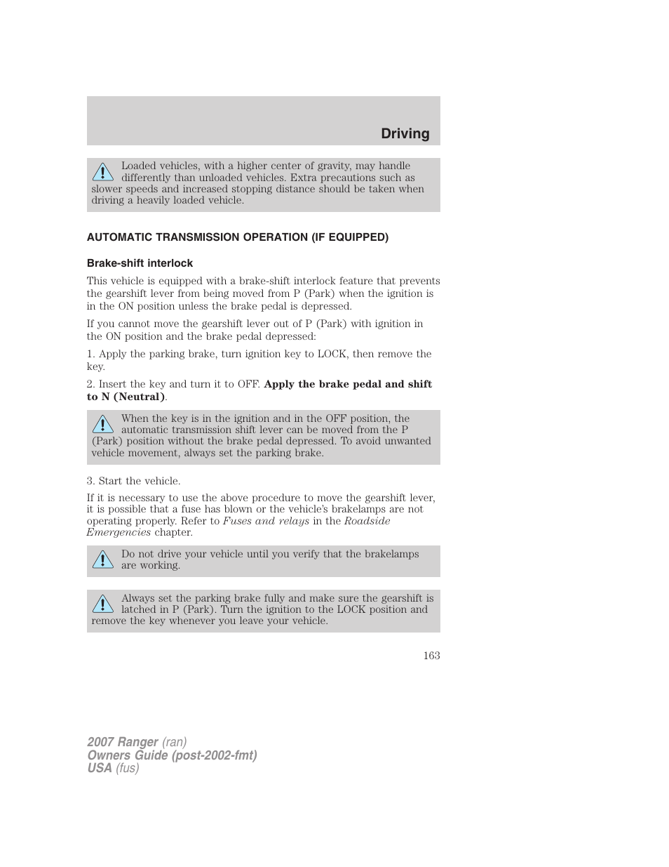 Automatic transmission operation (if equipped), Brake-shift interlock, Transmission operation | Driving | FORD 2007 Ranger v.1 User Manual | Page 163 / 280