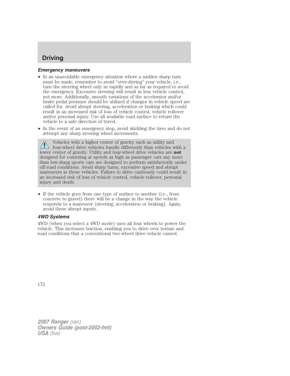 Emergency maneuvers, 4wd systems, Driving | FORD 2007 Ranger v.1 User Manual | Page 172 / 280