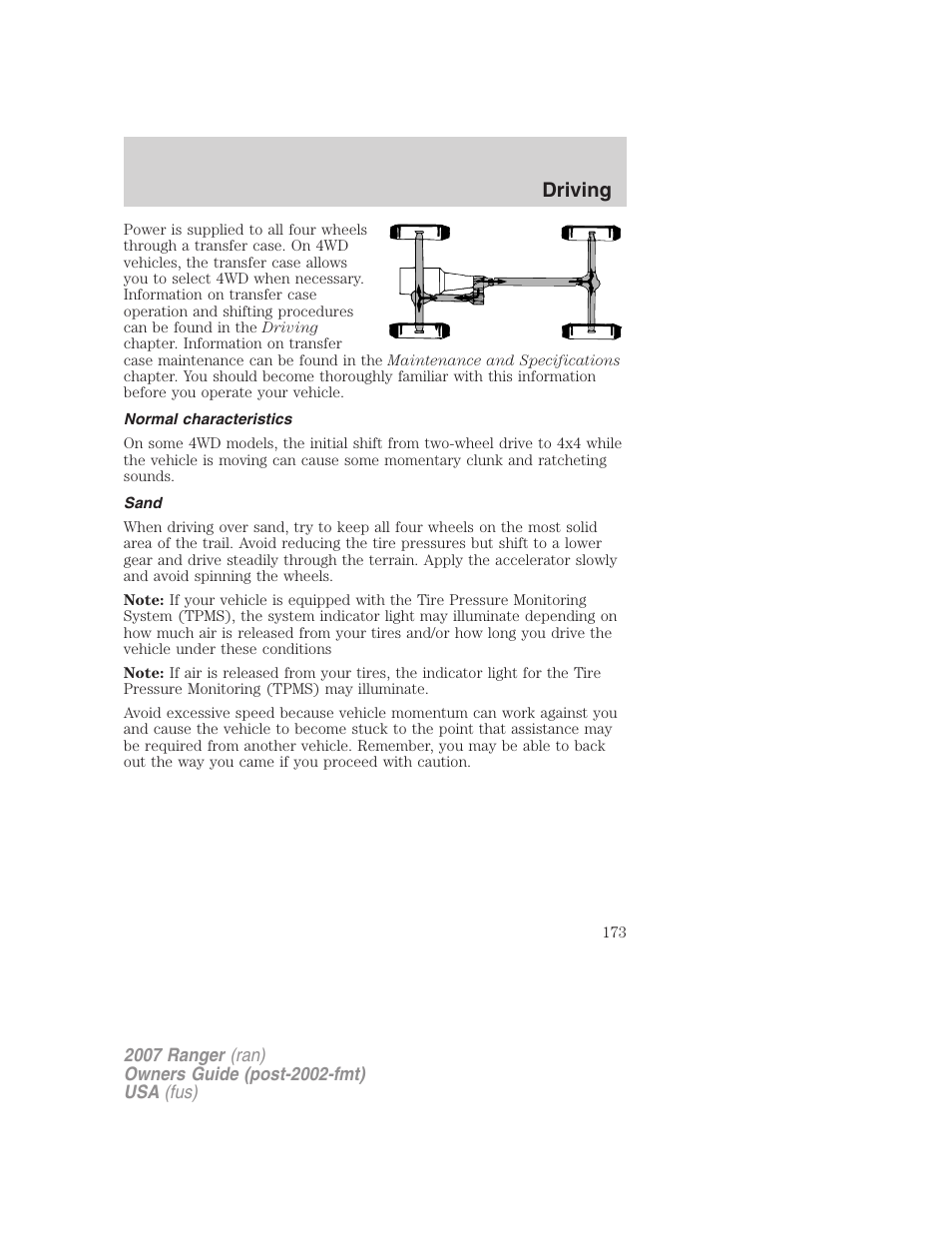 Normal characteristics, Sand, Driving | FORD 2007 Ranger v.1 User Manual | Page 173 / 280