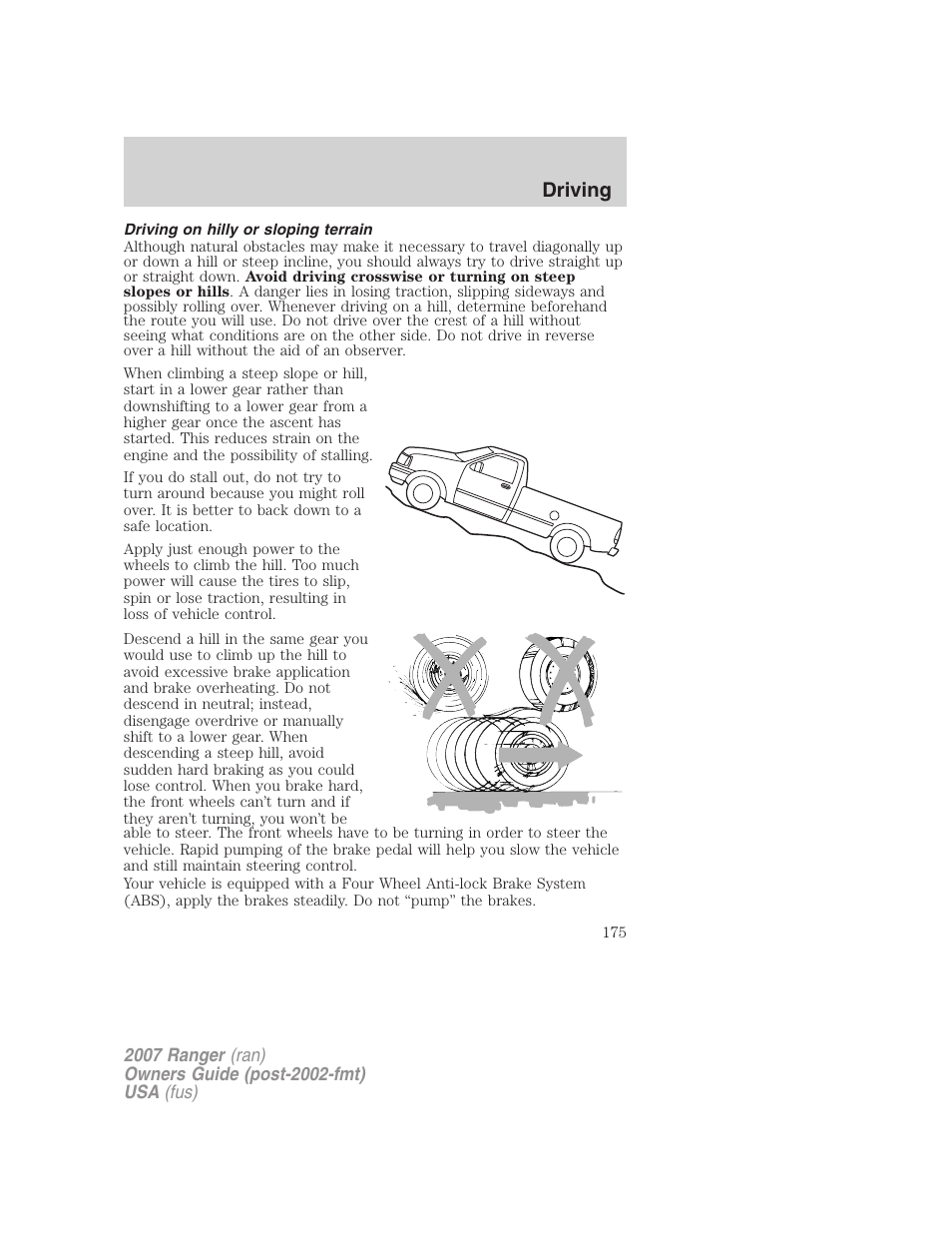 Driving on hilly or sloping terrain, Driving | FORD 2007 Ranger v.1 User Manual | Page 175 / 280